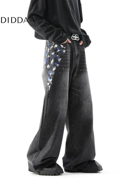 Black Graffiti Print Wide Leg Street Niche Design Jeans - Men’s Jeans
