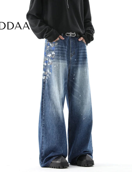 Black Graffiti Print Wide Leg Street Niche Design Jeans - S / Blue - Men’s Jeans