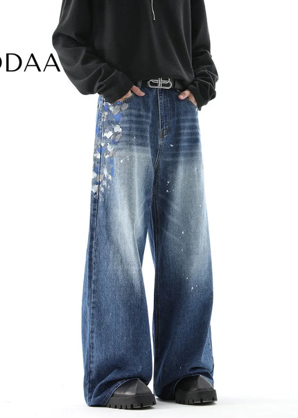 Black Graffiti Print Wide Leg Street Niche Design Jeans - S / Blue - Men’s Jeans