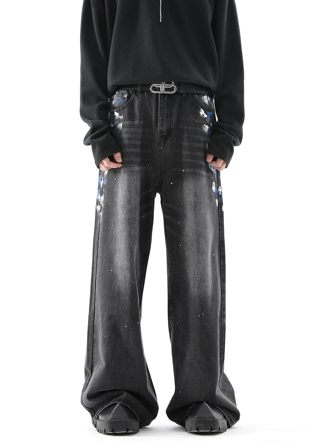 Black Graffiti Print Wide Leg Street Niche Design Jeans - S / Dark Grey - Men’s Jeans