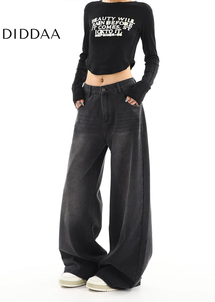 Black Gray Distressed Wide Leg Jeans Women’s Retro Tide - Women’s Jeans