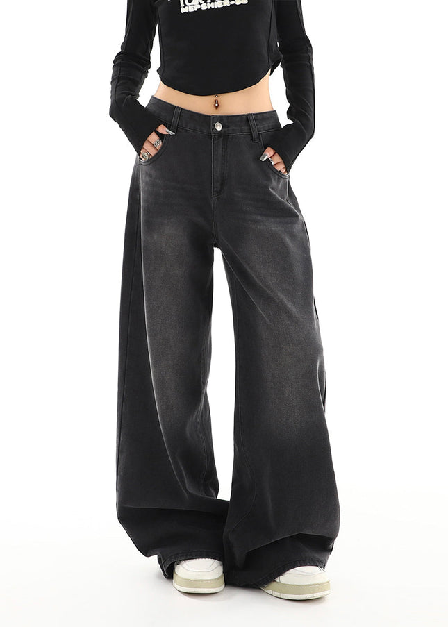 Black Gray Distressed Wide Leg Jeans Women’s Retro Tide - Women’s Jeans