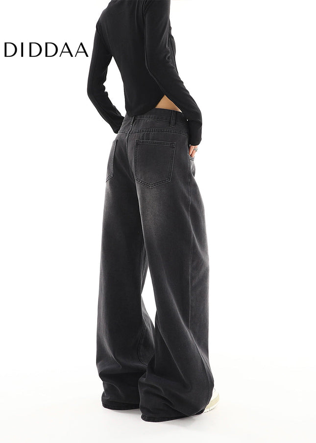 Black Gray Distressed Wide Leg Jeans Women’s Retro Tide - Women’s Jeans