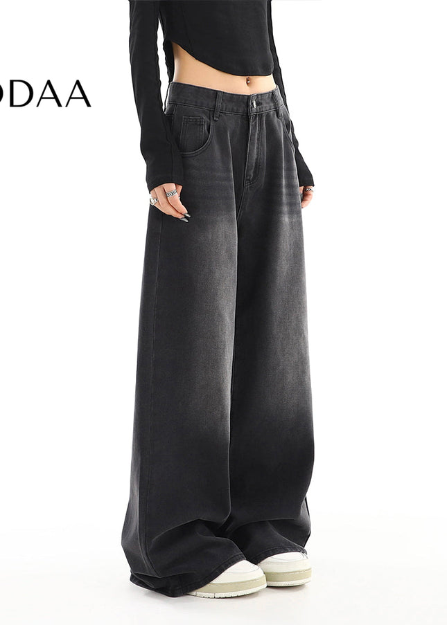 Black Gray Distressed Wide Leg Jeans Women’s Retro Tide - S / Dark Grey - Women’s Jeans