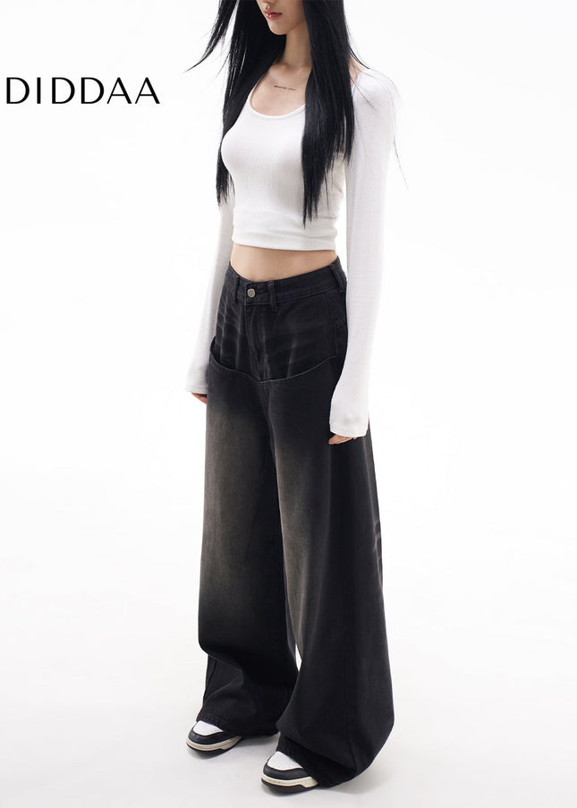 Black Gray High Waist Wide-Leg Jeans for Women - Women’s Jeans