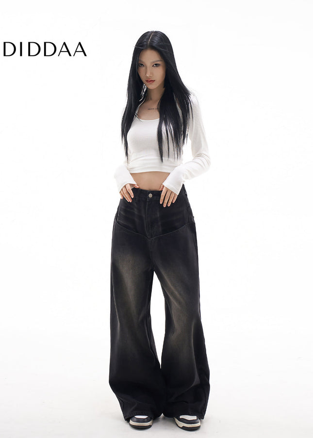 Black Gray High Waist Wide-Leg Jeans for Women - Women’s Jeans