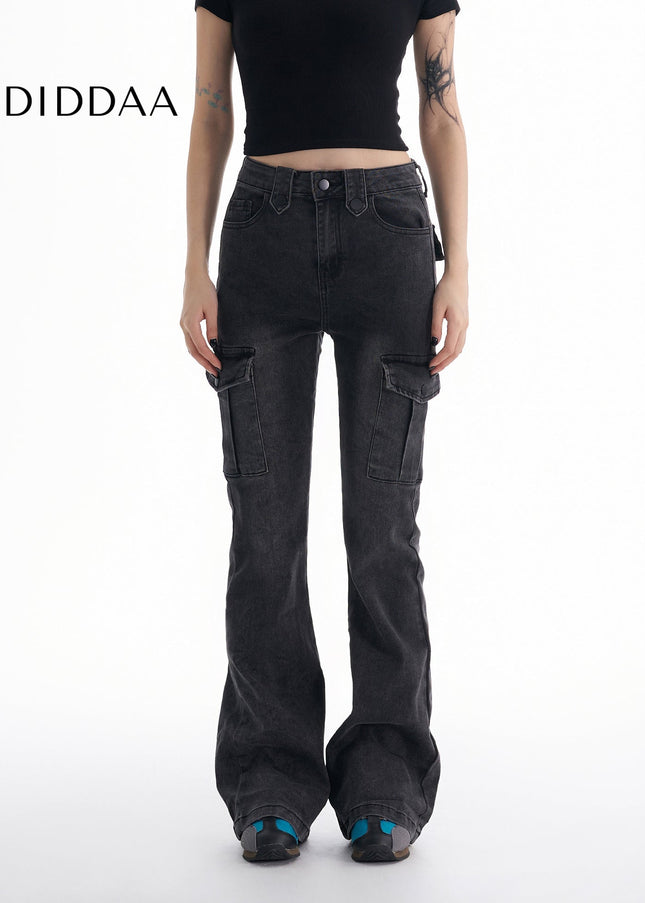 Black Gray Micro Flare Cargo Jeans Women’s Slimming Pants - Women’s Jeans