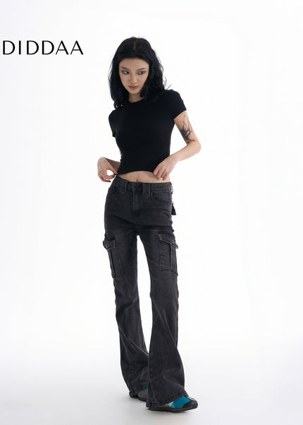 Black Gray Micro Flare Cargo Jeans Women’s Slimming Pants - Women’s Jeans