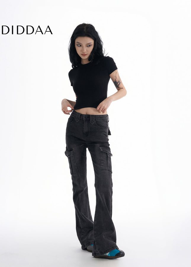 Black Gray Micro Flare Cargo Jeans Women’s Slimming Pants - Women’s Jeans