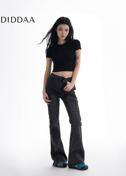 Black Gray Micro Flare Cargo Jeans Women’s Slimming Pants - Women’s Jeans