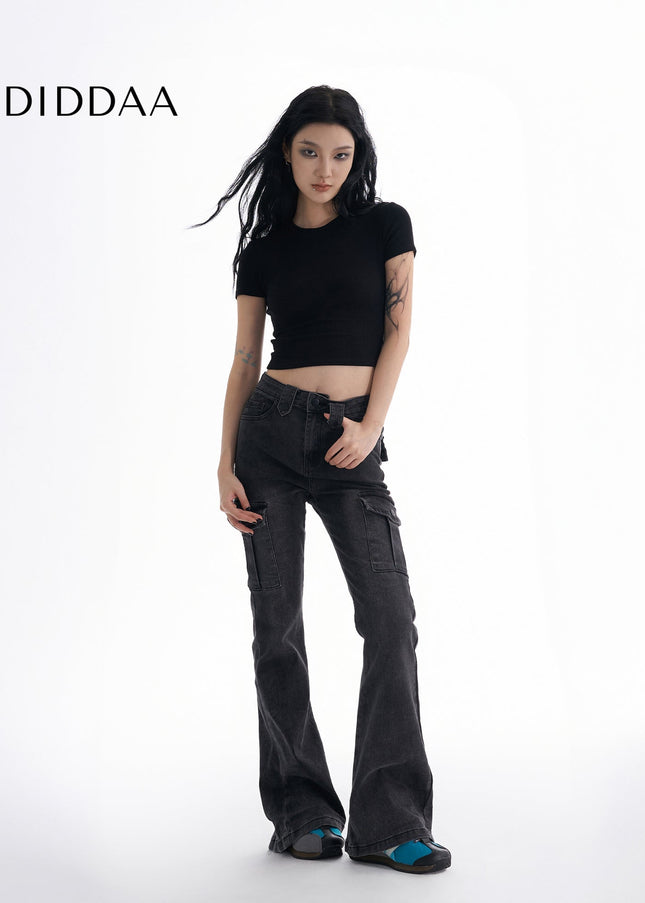 Black Gray Micro Flare Cargo Jeans Women’s Slimming Pants - Women’s Jeans