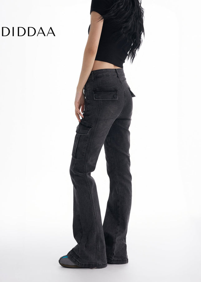 Black Gray Micro Flare Cargo Jeans Women’s Slimming Pants - Women’s Jeans