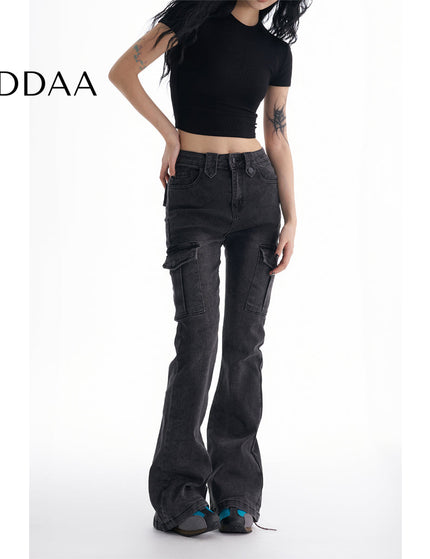 Black Gray Micro Flare Cargo Jeans Women’s Slimming Pants - XS / Dark Grey - Women’s Jeans