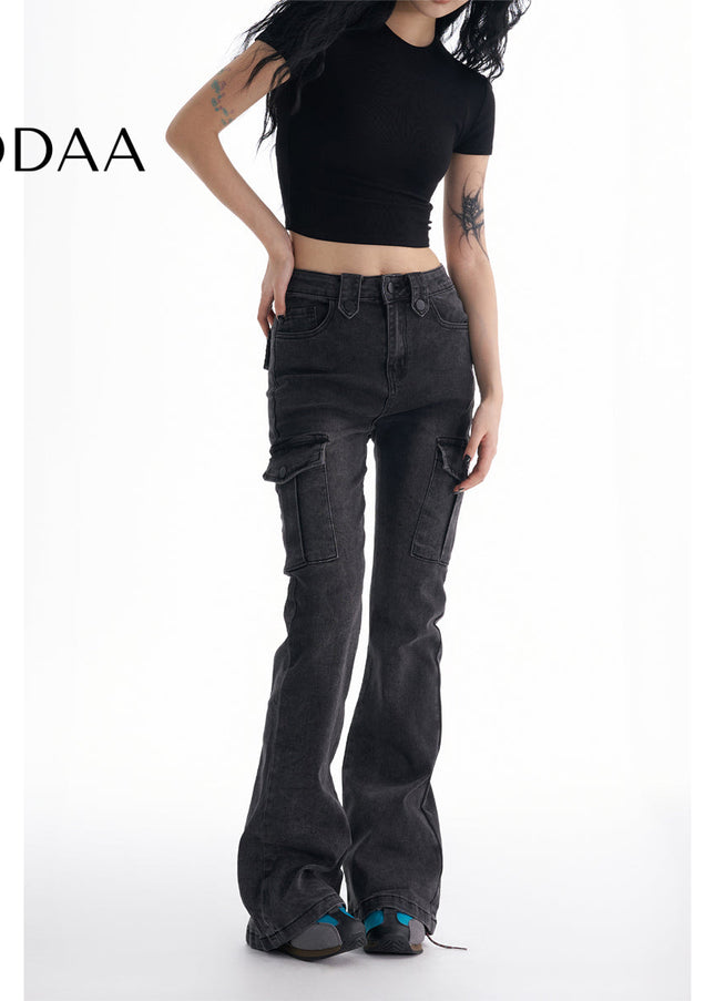 Black Gray Micro Flare Cargo Jeans Women’s Slimming Pants - XS / Dark Grey - Women’s Jeans