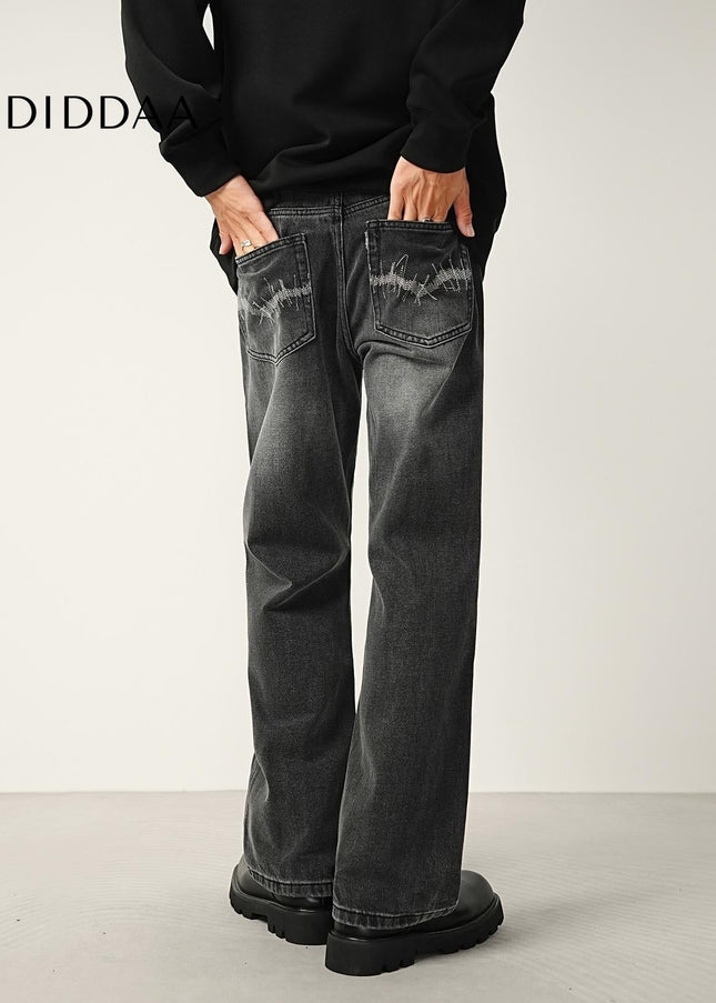 Black Grey Distressed Slightly Flared Jeans - Men’s Jeans