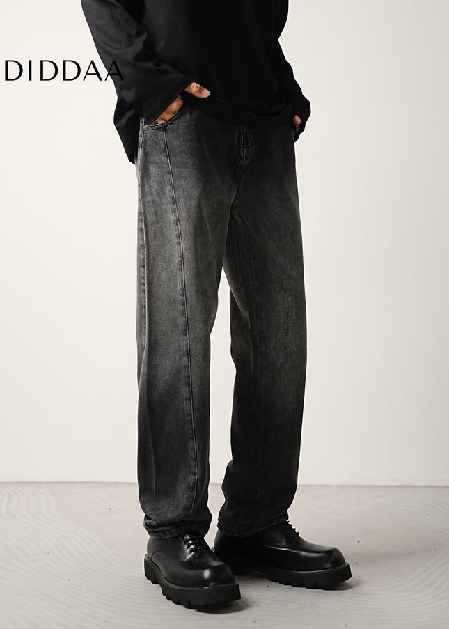Black Grey Gradient Wash Loose Tapered Jeans - Men’s Jeans