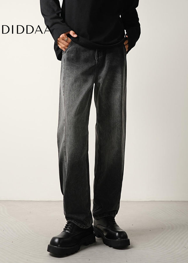 Black Grey Gradient Wash Loose Tapered Jeans - Men’s Jeans
