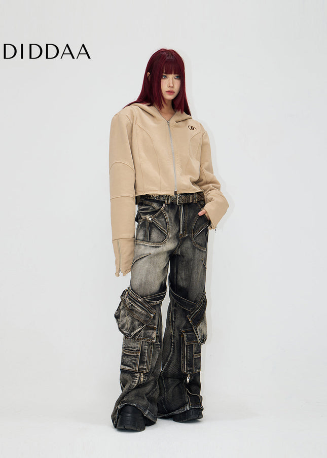 Black Grey Thorny Straight Workwear Jeans with Zipper - Men’s Jeans