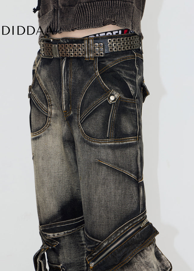 Black Grey Thorny Straight Workwear Jeans with Zipper - Men’s Jeans