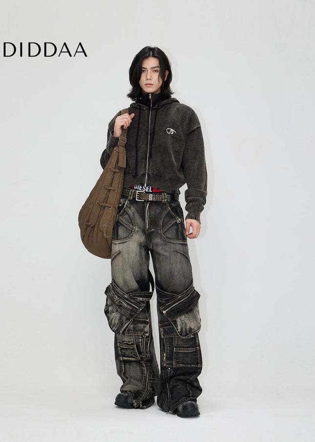 Black Grey Thorny Straight Workwear Jeans with Zipper - Men’s Jeans