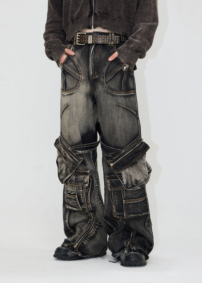 Black Grey Thorny Straight Workwear Jeans with Zipper - Men’s Jeans