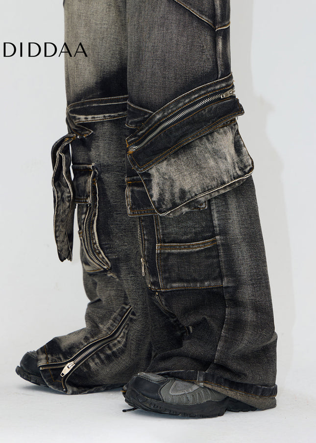 Black Grey Thorny Straight Workwear Jeans with Zipper - Men’s Jeans