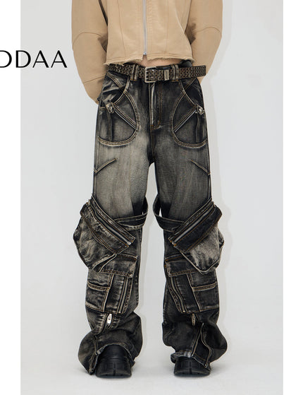 Black Grey Thorny Straight Workwear Jeans with Zipper - Black / XS - Men’s Jeans