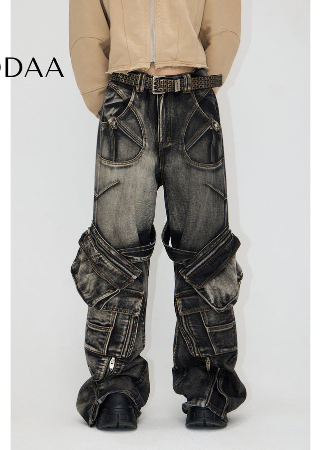 Black Grey Thorny Straight Workwear Jeans with Zipper - Black / XS - Men’s Jeans