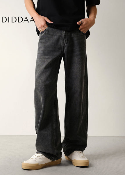 Black Grey Wash Loose Drape Lyocell Straight Jeans - Men’s Jeans
