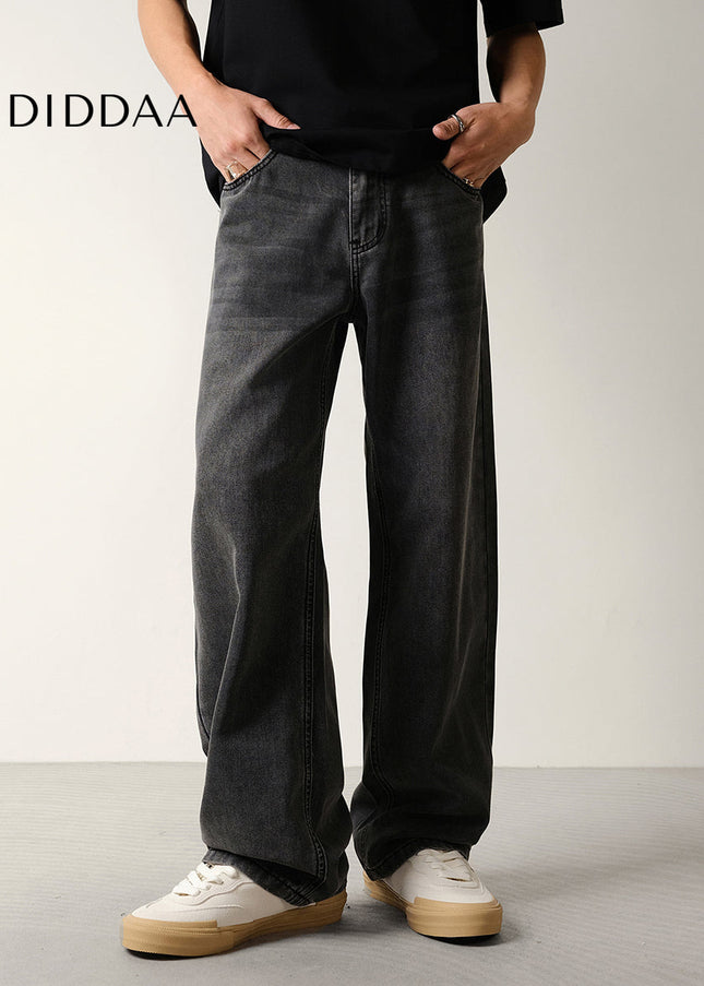 Black Grey Wash Loose Drape Lyocell Straight Jeans - Men’s Jeans