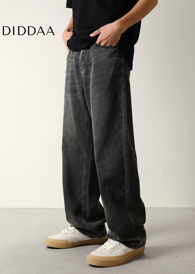 Black Grey Wash Loose Drape Lyocell Straight Jeans - Men’s Jeans