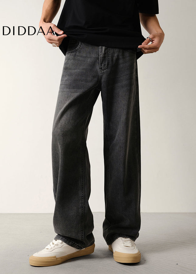 Black Grey Wash Loose Drape Lyocell Straight Jeans - Men’s Jeans