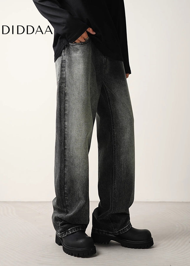 Black Grey Washed Layered Loose Wide-Leg Jeans - Men’s Jeans