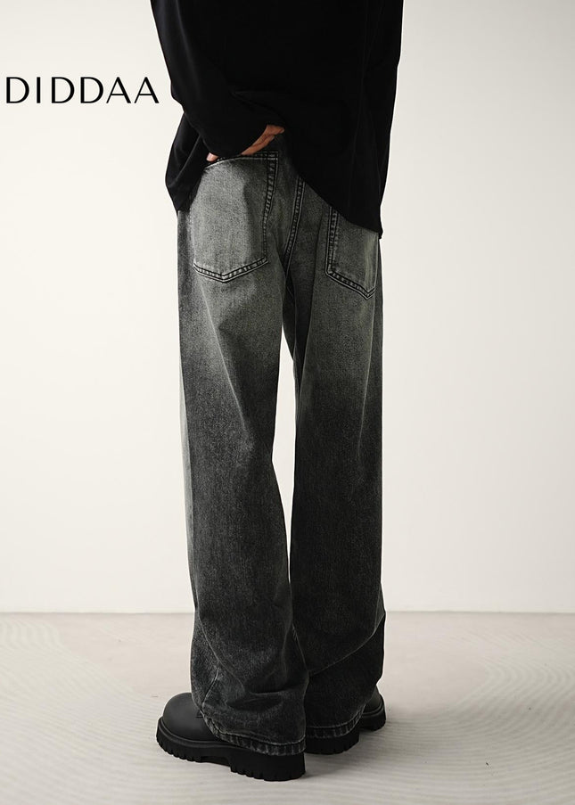 Black Grey Washed Layered Loose Wide-Leg Jeans - Men’s Jeans