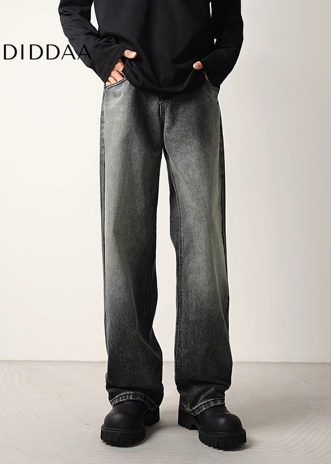 Black Grey Washed Layered Loose Wide-Leg Jeans - Men’s Jeans