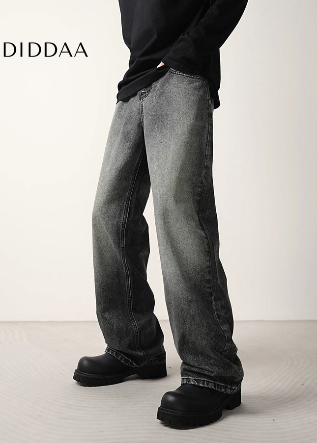 Black Grey Washed Layered Loose Wide-Leg Jeans - Men’s Jeans