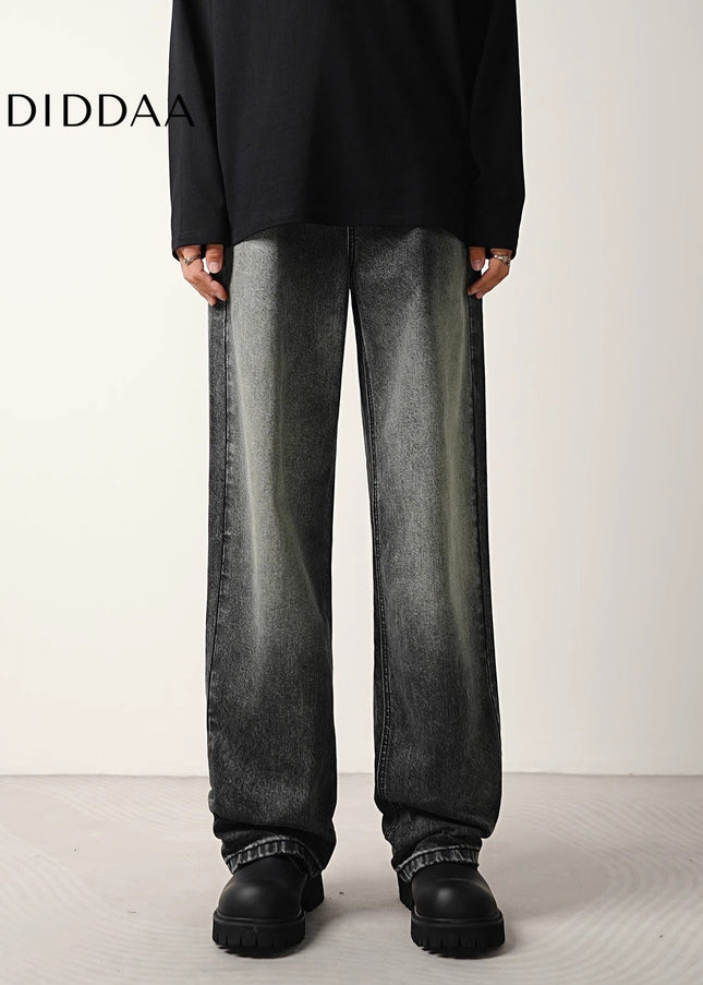 Black Grey Washed Layered Loose Wide-Leg Jeans - Men’s Jeans