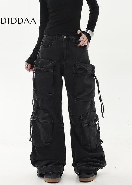 Black Heavy Wash Multi-Pocket Cargo Jeans - Women’s Jeans