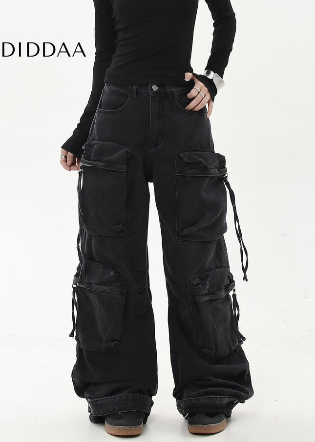 Black Heavy Wash Multi-Pocket Cargo Jeans - Women’s Jeans