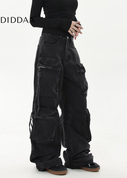Black Heavy Wash Multi-Pocket Cargo Jeans - Women’s Jeans