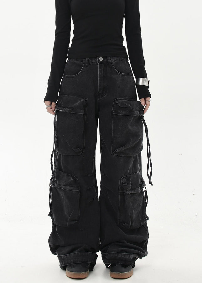 Black Heavy Wash Multi-Pocket Cargo Jeans - Women’s Jeans