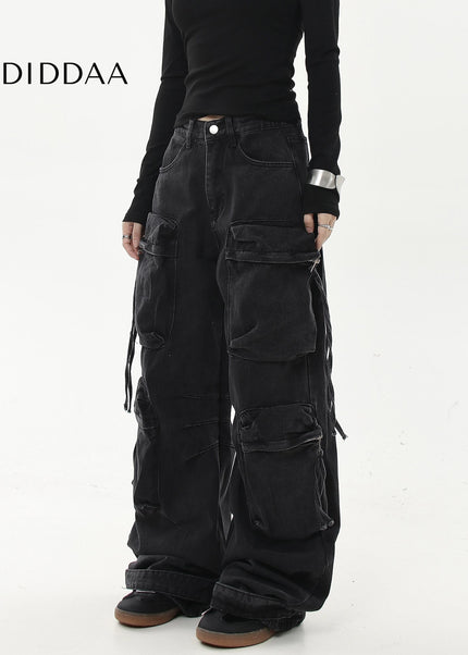 Black Heavy Wash Multi-Pocket Cargo Jeans - Women’s Jeans