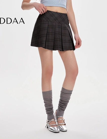 Black High Waist A-Line Pleated Plaid Skirt Women’s 2025 - S / Grey - Skirts