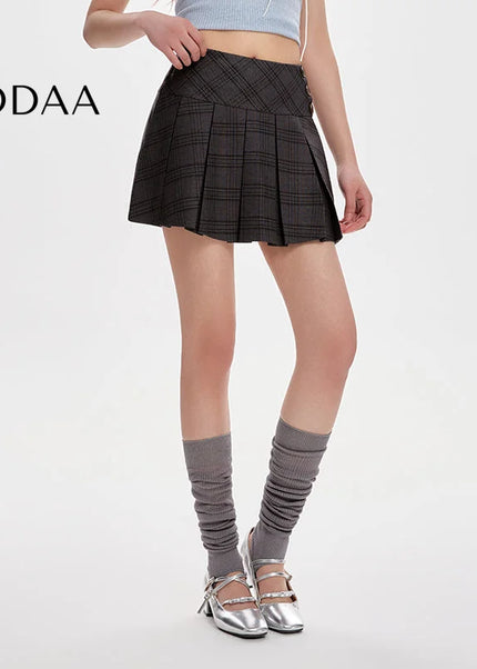 Black High Waist A-Line Pleated Plaid Skirt Women’s 2025 - S / Grey - Skirts