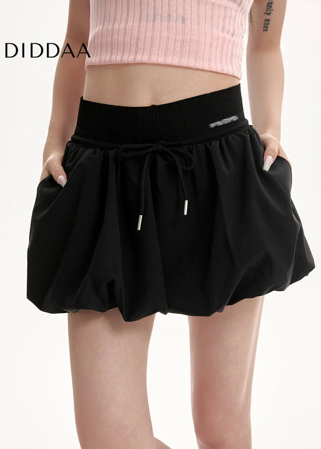 Black High Waist A-Line Puffy Bud Skirt for Women - Skirts
