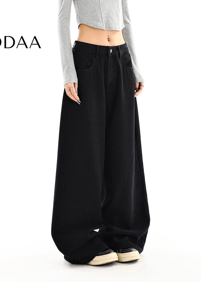 Black High Waist Loose Drap Wide-Leg Jeans for Women - S / Black - Women’s Jeans