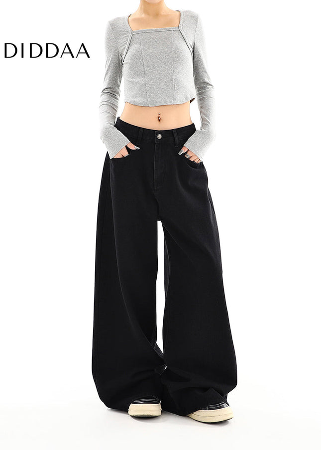 Black High Waist Loose Drap Wide-Leg Jeans for Women - Women’s Jeans