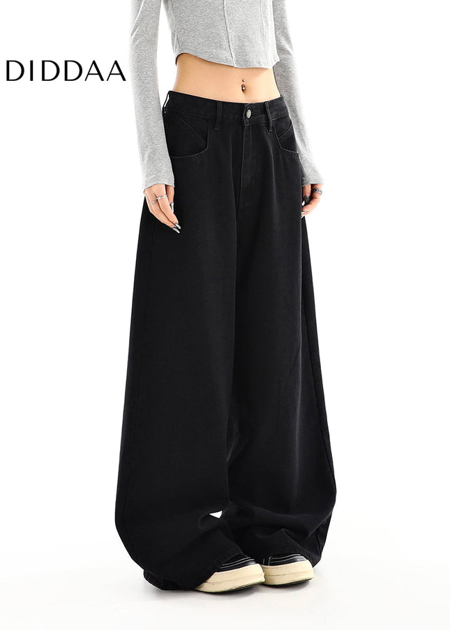 Black High Waist Loose Drap Wide-Leg Jeans for Women - Women’s Jeans