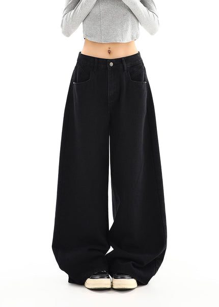 Black High Waist Loose Drap Wide-Leg Jeans for Women - Women’s Jeans
