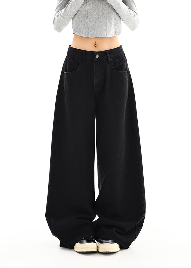 Black High Waist Loose Drap Wide-Leg Jeans for Women - Women’s Jeans